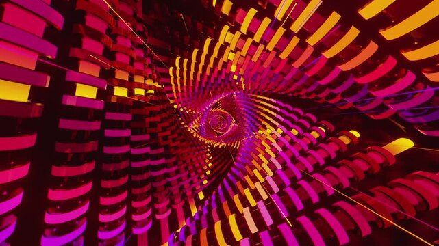 Hypnotic seamless VJ loop of a futuristic geometric spiral tunnel. Abstractvortex made of twisting blocks and digital structures, creating a deep perspective for stage screens and techno music events