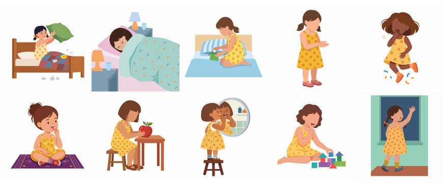Set of Cute Little Girl Illustrations Showing the Experience of Losing Baby Teeth and the Tooth Fairy Tradition