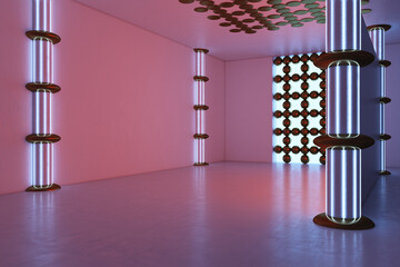 Fototapeta premium Pink interior space with glowing neon columns and geometric decorative elements forming a modern empty gallery environment. 3D Rendering