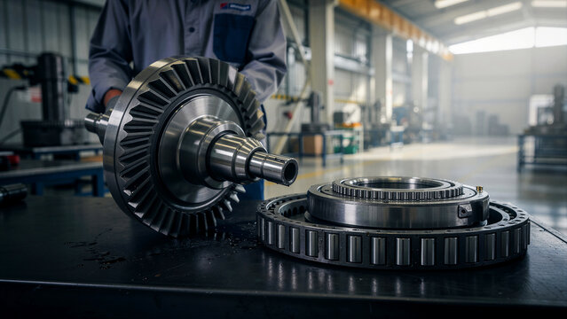Industrial worker holding a precision steel gear shaft in a factory. Large roller bearing sits on a workbench in a manufacturing workshop. Mechanical engineering and industrial repair concept.