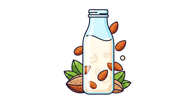 Glass bottle of fresh almond milk with raw nuts and green leaves