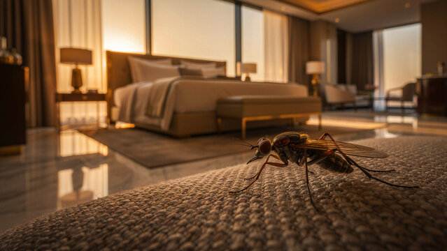 Large fly perched on a bed in a luxury hotel suite. Modern interior design with warm sunset lighting and blurred bedroom background. Pest control concept, ideal for hygiene marketing campaigns.
