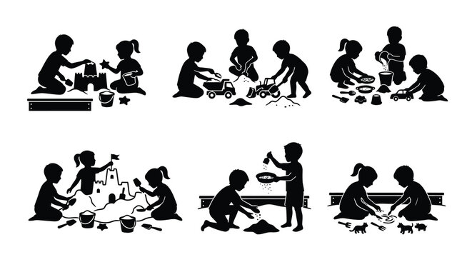 Children Playing In Sandboxes Black Silhouette Vector Illustration