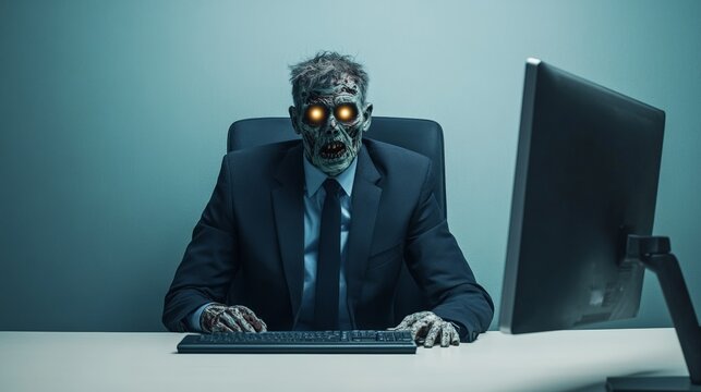 Glowing eyed zombie manager is sitting at desk typing on keyboard in front of computer monitor in decaying workplace. Symbolizing relentless work ethic even after death in a post apocalyptic setting