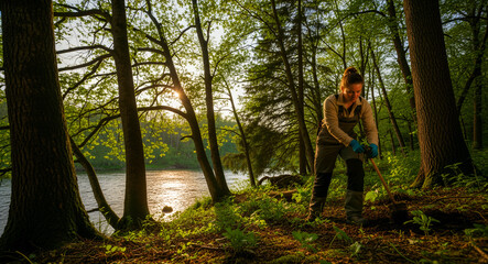 Obraz premium Woman planting a young tree in a forest near a river at sunset. Conservationist in workwear performing reforestation tasks outdoors. Ecology concept for sustainability, conservation, and green.