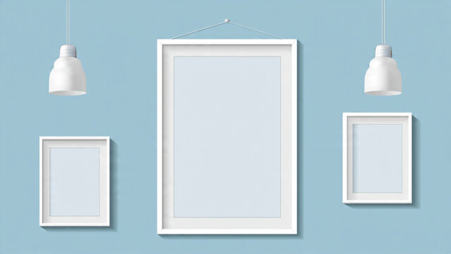 Three Empty White Picture Frames on Light Blue Wall Interior Decor Modern Wall Art Display