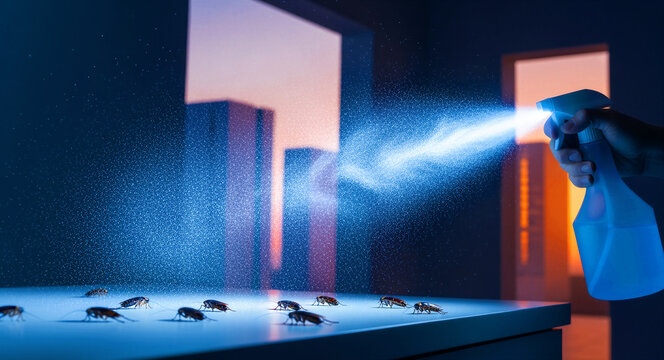 Hand spraying insecticide from a bottle onto cockroaches crawling on a surface. Professional pest control treatment in a modern apartment. Extermination service concept for hygiene marketing.