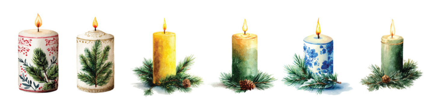 Simple Design drawing, Hand-painted style, An EPS painting design, Vector illustration set, My Watercolor illustration, Christmas candle with pine painting isolated on a white background