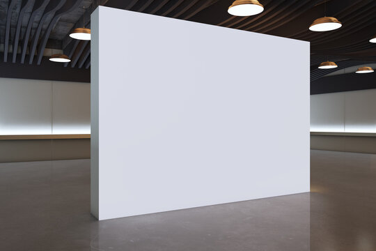 Large blank wall in modern gallery interior with clean contemporary design for mockup display and creative exhibition space. 3D Rendering