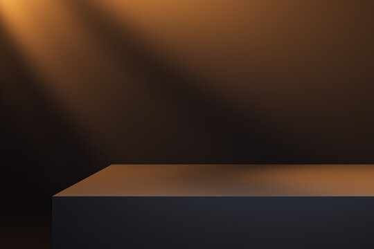 Dark studio podium scene with warm spotlight illuminating empty platform for product placement in modern abstract background setting. 3D Rendering