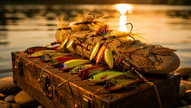 Variety of colorful fishing lures and artificial bait resting on a wooden tackle box. Diverse selection of spoons and flies positioned near a lake at sunset. Angling equipment for sport fishing.