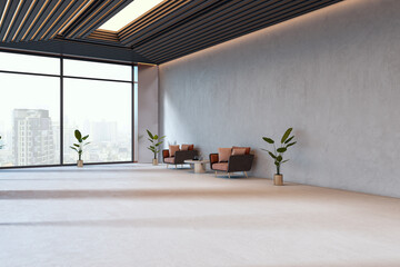 Naklejka premium Spacious modern interior hall with seating area, large windows and city view in contemporary design with bright open space. 3D Rendering