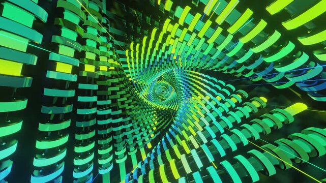 Hypnotic seamless VJ loop of a futuristic geometric spiral tunnel. Abstractvortex made of twisting blocks and digital structures, creating a deep perspective for stage screens and techno music events