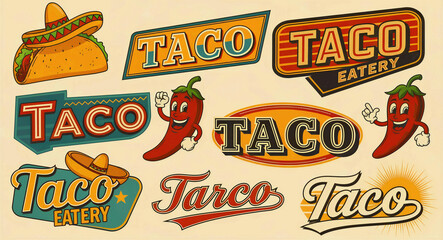 Naklejka premium Vintage taco restaurant signs and Mexican food graphics. Retro typography featuring a chili pepper mascot and sombrero. Mexican cuisine branding concept, ideal for restaurant menus and advertising.
