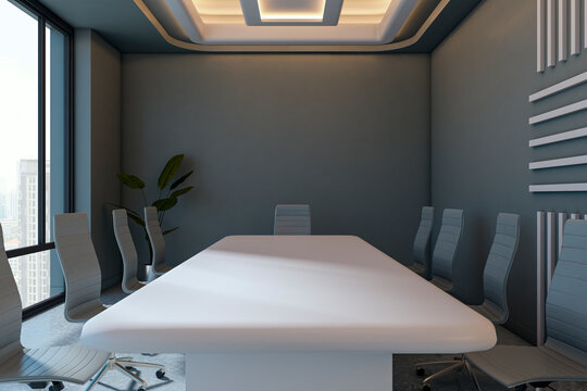 Modern empty corporate conference room interior with long table, sleek chairs, large window and contemporary design details overlooking city skyline. 3D Rendering