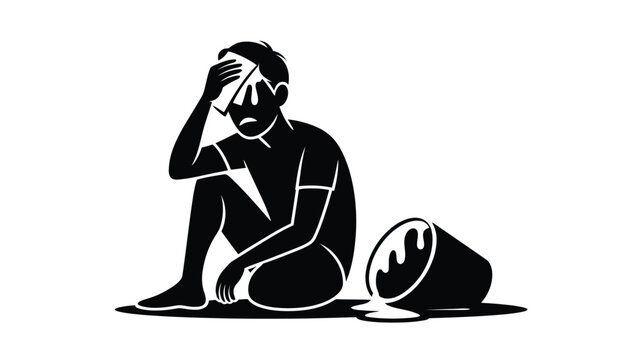 A man sitting on the floor with his head in his hand next to an empty bottle