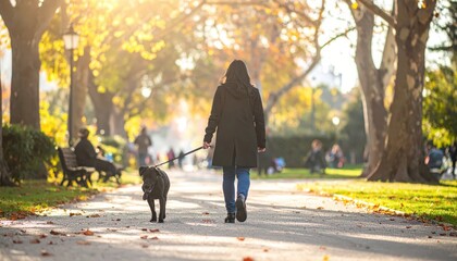Obraz premium Woman walking her dog on a leash on a path through a park during a sunny autumn day