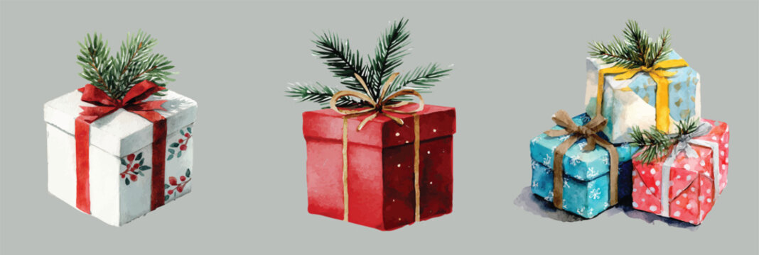 A Simple Design drawing, Hand-painted style, an EPS painting design, a vector illustration set, My Watercolor illustration, Christmas gift with pine sprig painting isolated on a white background
