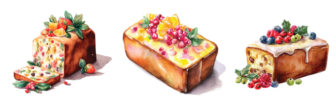Simple Design drawing, Hand-painted style, An EPS painting design, Vector illustration set, My Watercolor illustration, festive loaf cake with fruit painting isolated on a white background