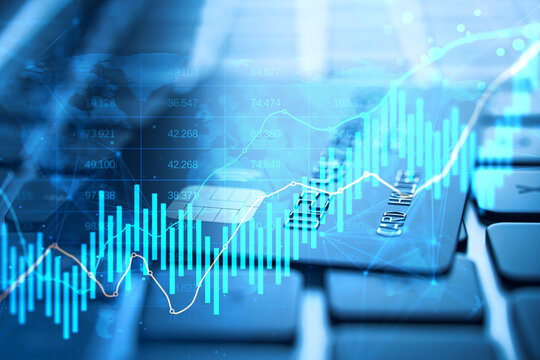Digital finance chart overlay with credit card and keyboard displaying rising global analytics in blue futuristic online banking concept style. 3D Rendering
