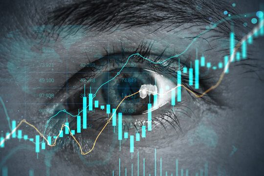 Close-up eye with digital financial charts overlay in abstract style on dark background showing data insight and analytical vision concept.