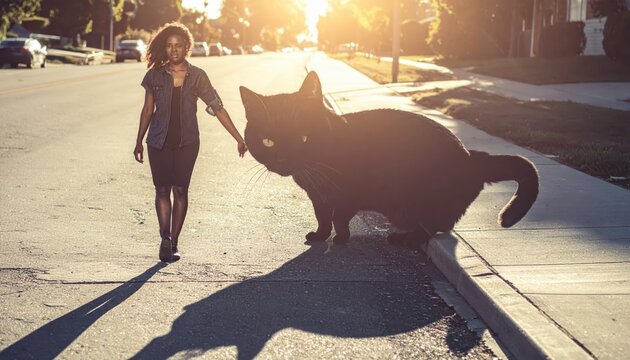 Woman walks with a large black cat whose shadow takes on a menacing feline form under warm sunlight on a street.