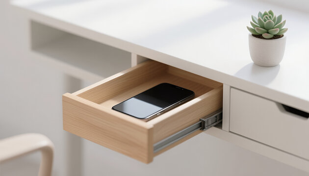 Smartphone resting in a wooden drawer of a modern desk with plant  