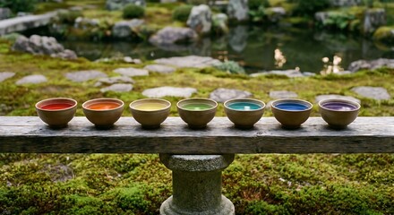 Slats personalizados com paisagens com sua foto Rainbow Colored Bowls on Wooden Rail in Zen Garden
