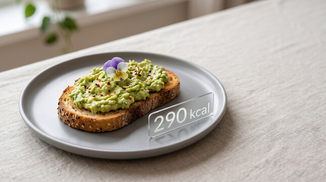 Avocado toast on sourdough bread with edible flower and calorie count label on a minimalist grey plate for healthy diet