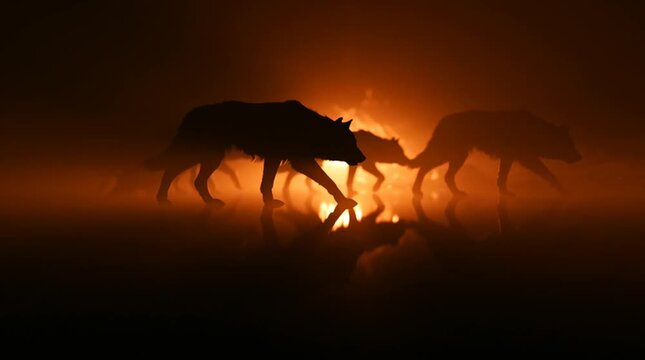 Shadowy silhouette of Cerberus pacing along the River Styx, illuminated by distant firelight, haunting atmospheric movement in a dark mythological underworld