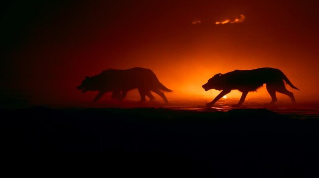 Shadowy silhouette of Cerberus pacing along the River Styx, illuminated by distant firelight, haunting atmospheric movement in a dark mythological underworld