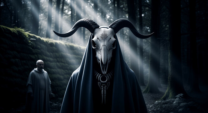 Mysterious hooded figure wearing a large horned animal skull mask in a dark misty forest. Cinematic light rays filter through trees onto a ritual scene. Dark fantasy and occult concept.