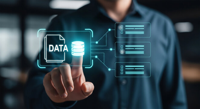 Digital data management interface, businessman touching glowing database icon, cloud storage and information processing concept