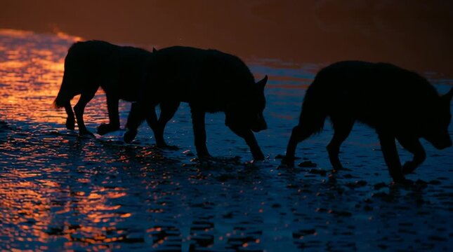Shadowy silhouette of Cerberus pacing along the River Styx, illuminated by distant firelight, haunting atmospheric movement in a dark mythological underworld
