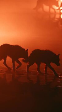 Shadowy silhouette of Cerberus pacing along the River Styx, illuminated by distant firelight, haunting atmospheric movement in a dark mythological underworld