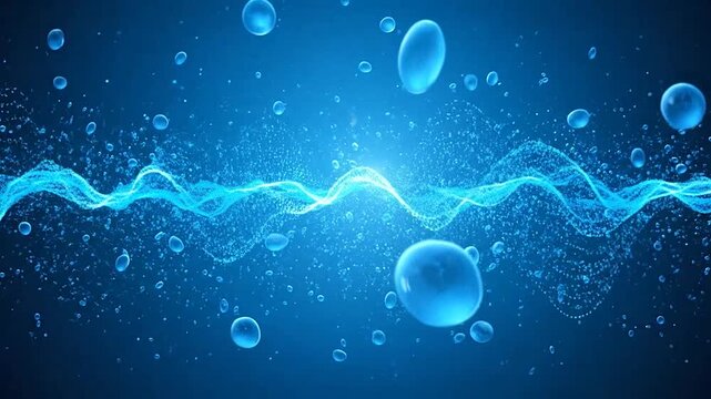 Abstract blue background with floating liquid bubbles and glowing particle waves