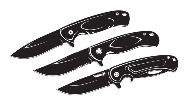 Tactical folding knife vector set, black pocket knife silhouettes for camping and survival, outdoor hunting gear equipment icons