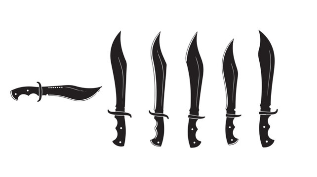 Traditional kukri knife silhouettes set, black curved machete blade icons, 6 tactical hunting knife vector elements for outdoor survival gear
