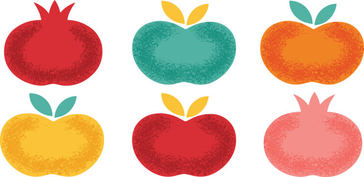 Shana Tova vector greeting elements with textured apple and pomegranate icons celebrating Jewish New Year Rosh Hashanah