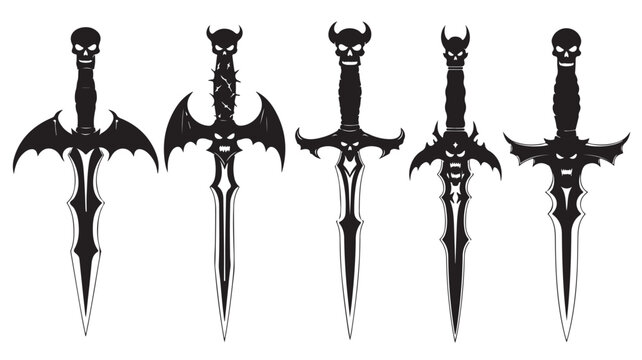 Gothic fantasy dagger collection, black silhouette sword set with skulls and bat wings, 5 dark medieval weapon icons for gaming and tattoo design