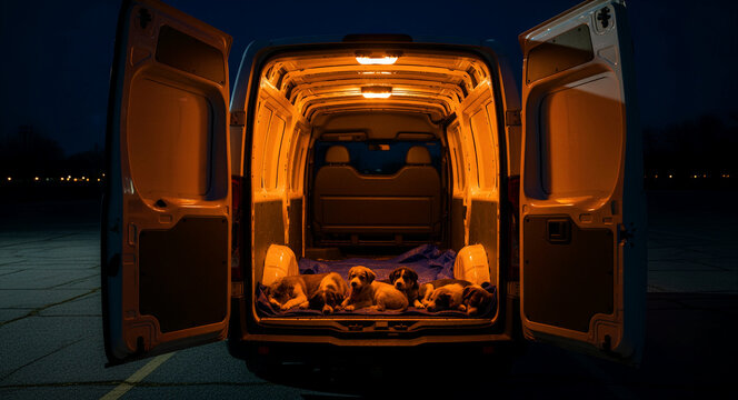 Puppies lying in the back of an illuminated cargo van at night. Small dogs huddle together inside the open rear doors of a transport vehicle. Animal rescue and pet logistics concept for marketing.