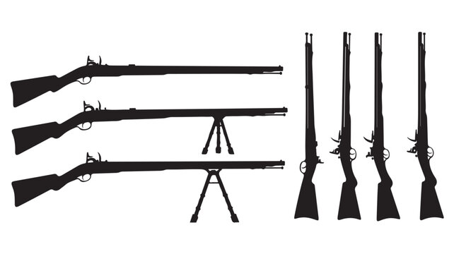 Vintage musket silhouettes collection, antique flintlock rifle vector set, historical long gun weapon icons for educational design