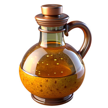 Antique glass apothecary bottle filled with golden liquid. with copper colored accents. Detailed design with textured base. displaying a mysterious elixir in a laboratory setting.