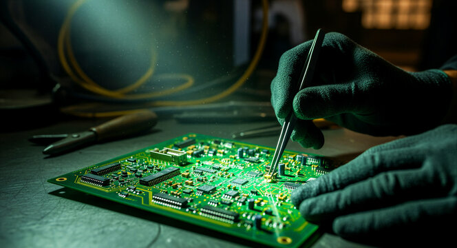 Technician using tweezers to repair a green circuit board in a dark lab. Specialist performing precision microelectronics assembly. Hardware innovation concept for tech engineering marketing.