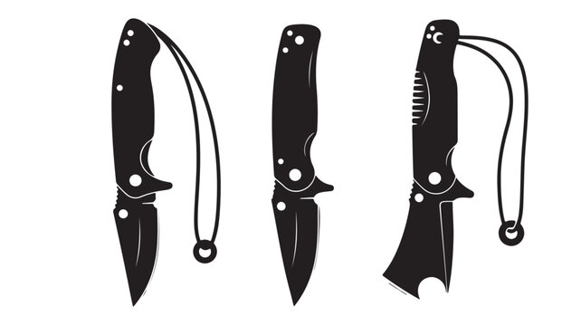 Tactical folding knife silhouettes, set of 3 pocket knife vector icons, black survival blade illustrations for camping and outdoor gear