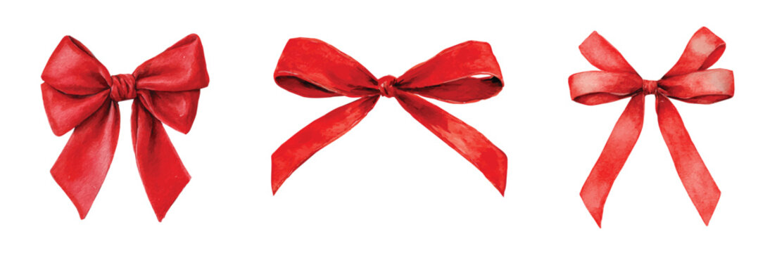 Vector illustration set, My Watercolor illustration, set of red bow ribbon. Watercolor painting isolated on a white background, an EPS painting design, Hand-painted style, vectorized
