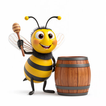 A cute and kind cartoon bee with a barrel of honey isolated on a white background