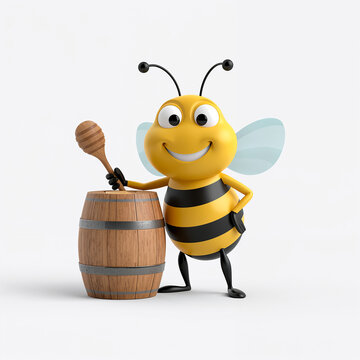 A cute and kind cartoon bee with a barrel of honey isolated on a white background