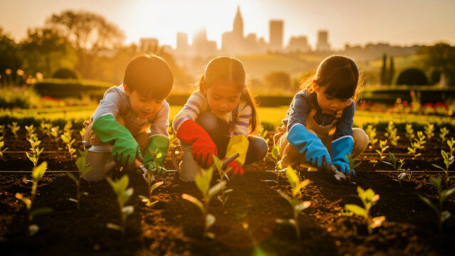 Children planting seedlings in a city garden at sunset. Asian siblings nurture plants against a skyline background. Sustainability and education concept for community gardening and green marketing.