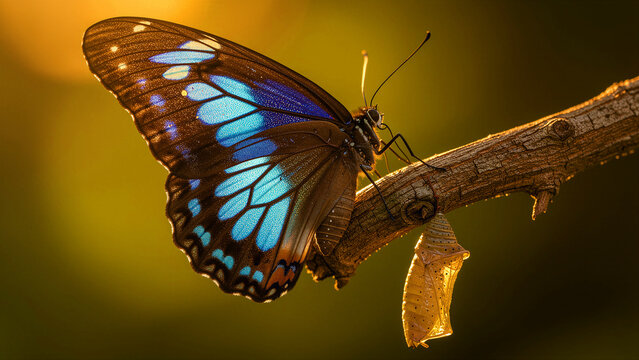 Blue butterfly perched on a branch next to its empty chrysalis. The insect rests after emerging from its cocoon in golden light. Metamorphosis concept for growth and transformation themes.